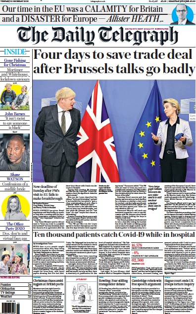 The Daily Telegraph Newspaper Front Page (UK) for 10 December 2020