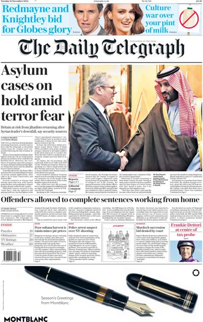 The Daily Telegraph Newspaper Front Page (UK) for 10 December 2024