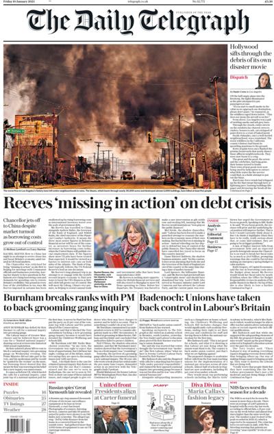 The Daily Telegraph Newspaper Front Page (UK) for 10 January 2025