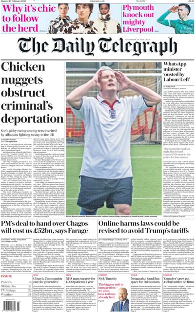 The Daily Telegraph Newspaper Front Page (UK) for 10 February 2025