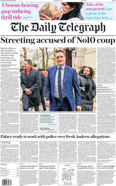 The Daily Telegraph Newspaper Front Page (UK) for 10 February 2026