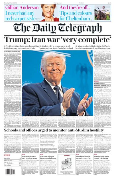 The Daily Telegraph Newspaper Front Page (UK) for 10 March 2026