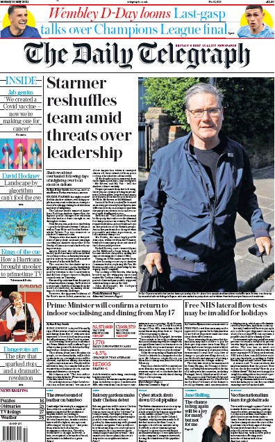 The Daily Telegraph Newspaper Front Page (UK) for 10 May 2021