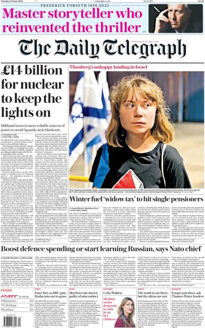 The Daily Telegraph Newspaper Front Page (UK) for 10 June 2025