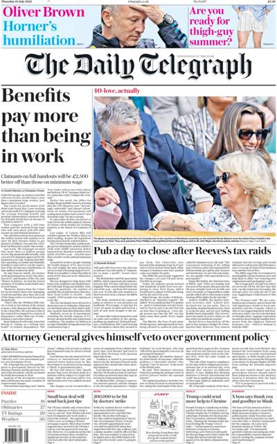 The Daily Telegraph Newspaper Front Page (UK) for 10 July 2025