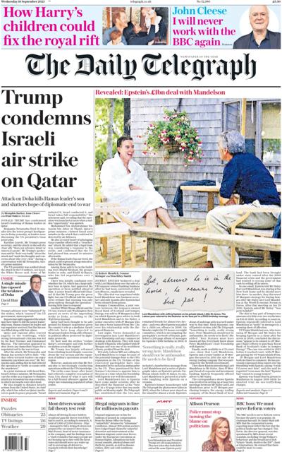 The Daily Telegraph Newspaper Front Page (UK) for 10 September 2025