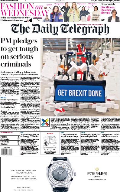 The Daily Telegraph Newspaper Front Page (UK) for 11 December 2019