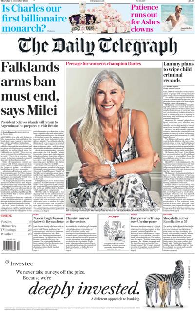 The Daily Telegraph Newspaper Front Page (UK) for 11 December 2025