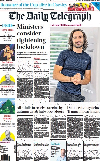 The Daily Telegraph Newspaper Front Page (UK) for 11 January 2021