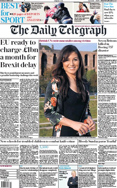 The Daily Telegraph Newspaper Front Page (UK) for 11 March 2019