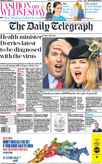 The Daily Telegraph Newspaper Front Page (UK) for 11 March 2020