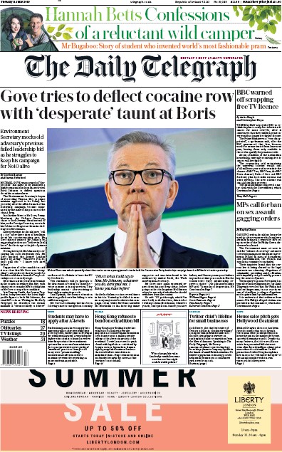 The Daily Telegraph Newspaper Front Page (UK) for 11 June 2019