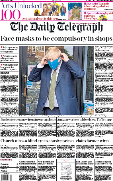 The Daily Telegraph Newspaper Front Page (UK) for 11 July 2020