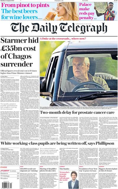 The Daily Telegraph Newspaper Front Page (UK) for 11 August 2025