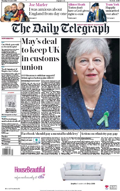 The Daily Telegraph Newspaper Front Page (UK) for 12 October 2018