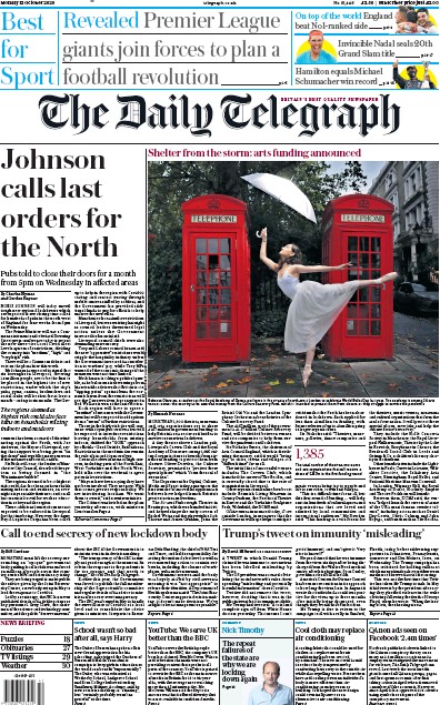 The Daily Telegraph Newspaper Front Page (UK) for 12 October 2020