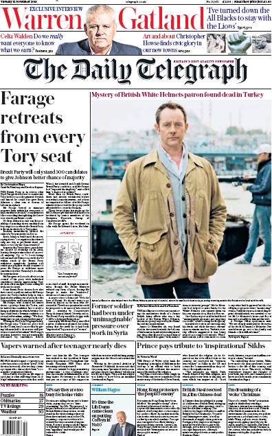 The Daily Telegraph Newspaper Front Page (UK) for 12 November 2019