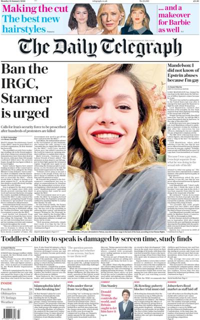 The Daily Telegraph Newspaper Front Page (UK) for 12 January 2026