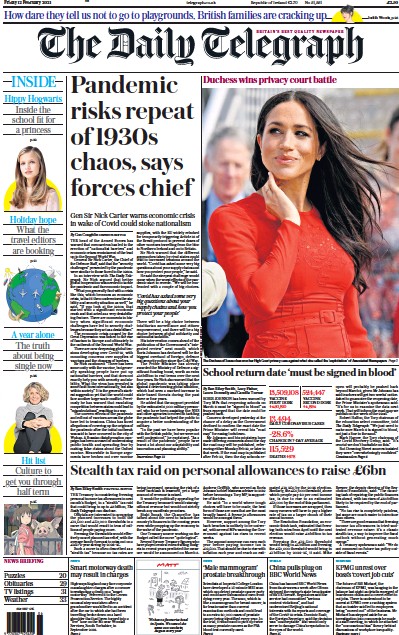 The Daily Telegraph Newspaper Front Page (UK) for 12 February 2021