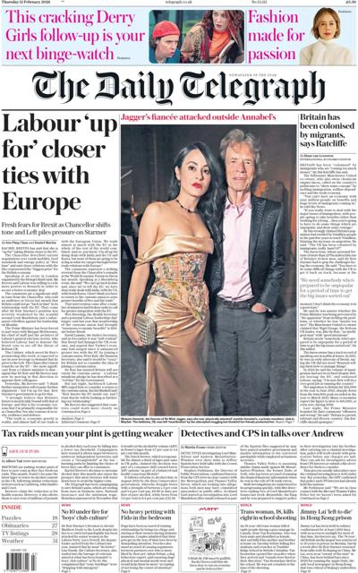 The Daily Telegraph Newspaper Front Page (UK) for 12 February 2026