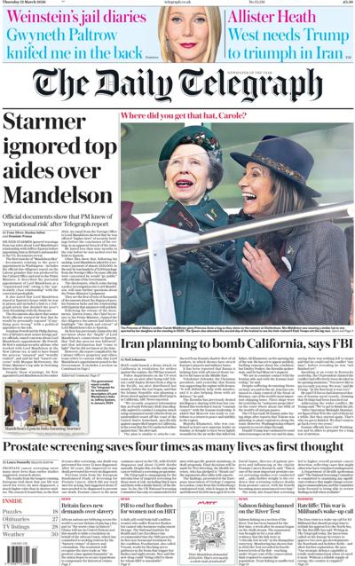 The Daily Telegraph Newspaper Front Page (UK) for 12 March 2026