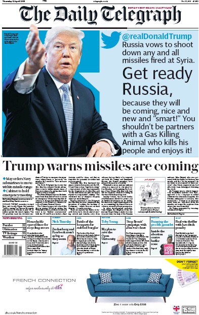 The Daily Telegraph Newspaper Front Page (UK) for 12 April 2018