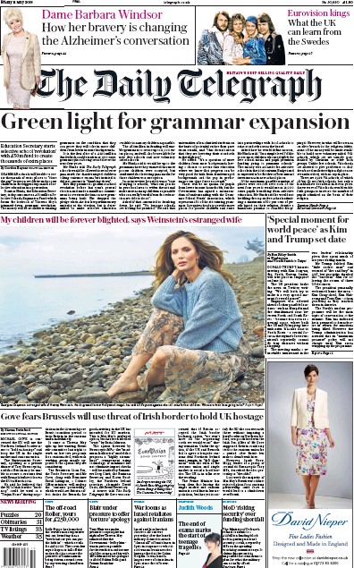 The Daily Telegraph Newspaper Front Page (UK) for 12 May 2018