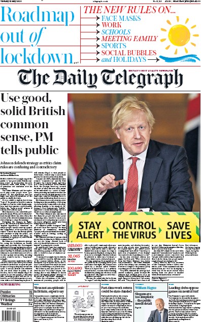 The Daily Telegraph Newspaper Front Page (UK) for 12 May 2020