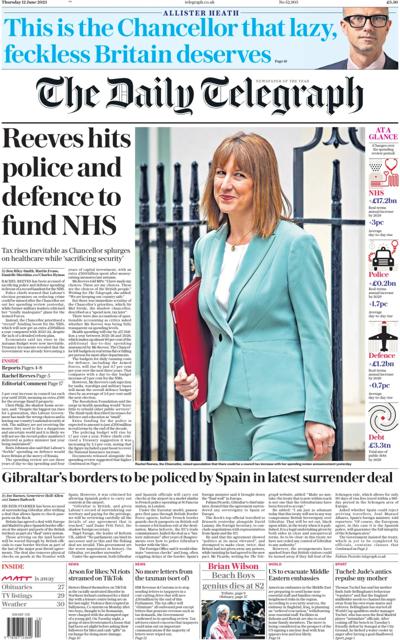 The Daily Telegraph Newspaper Front Page (UK) for 12 June 2025