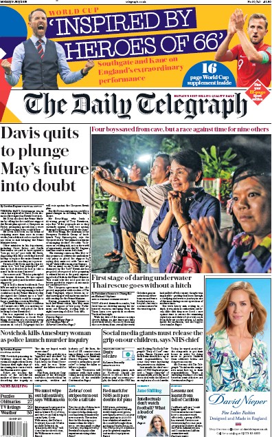 The Daily Telegraph Newspaper Front Page (UK) for 12 July 2018