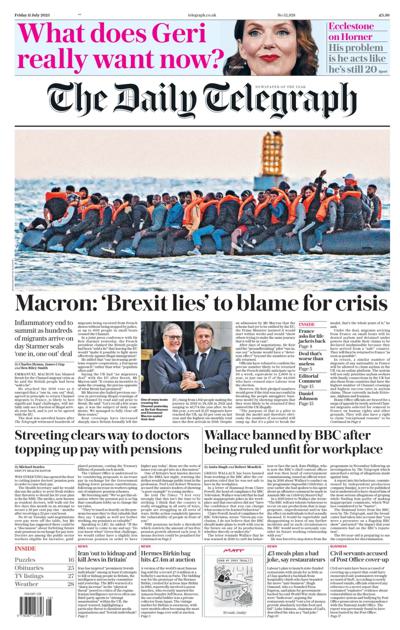 The Daily Telegraph Newspaper Front Page (UK) for 12 July 2025