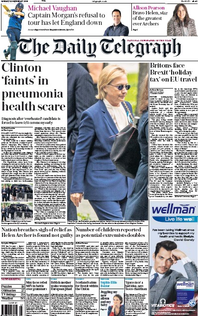 The Daily Telegraph Newspaper Front Page (UK) for 12 September 2016