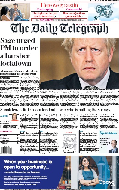 The Daily Telegraph Newspaper Front Page (UK) for 13 October 2020