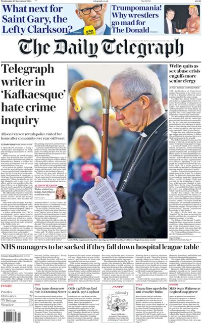 The Daily Telegraph Newspaper Front Page (UK) for 13 November 2024