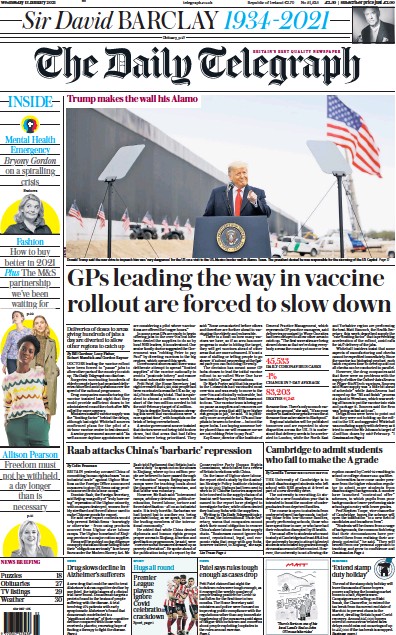 The Daily Telegraph Newspaper Front Page (UK) for 13 January 2021