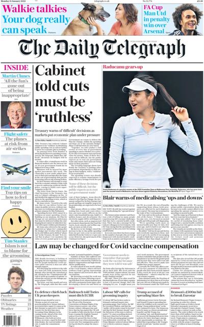 The Daily Telegraph Newspaper Front Page (UK) for 13 January 2025