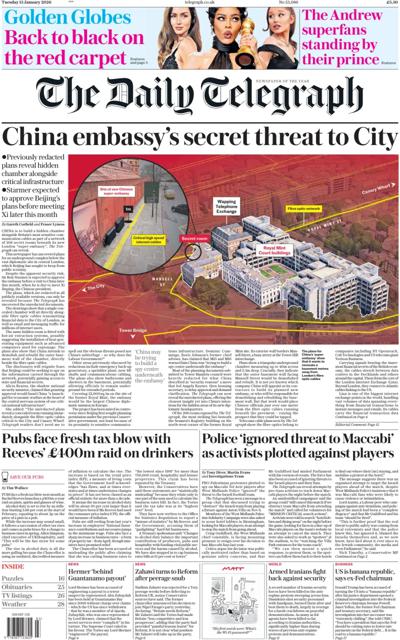 The Daily Telegraph Newspaper Front Page (UK) for 13 January 2026