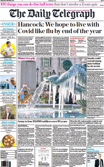 The Daily Telegraph Newspaper Front Page (UK) for 13 February 2021