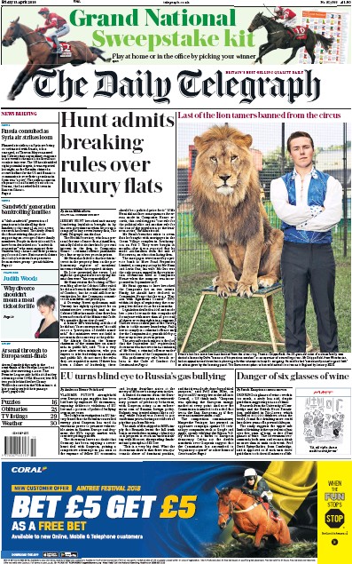 The Daily Telegraph Newspaper Front Page (UK) for 13 April 2018