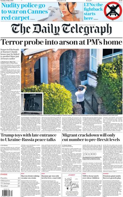 The Daily Telegraph Newspaper Front Page (UK) for 13 May 2025