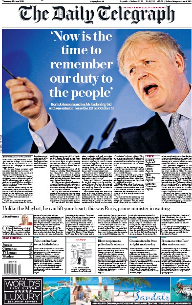 The Daily Telegraph Newspaper Front Page (UK) for 13 June 2019