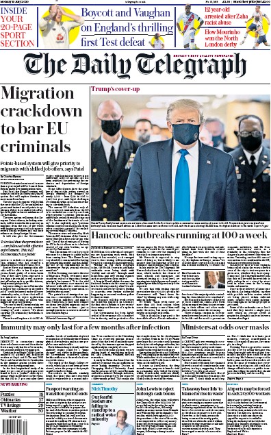 The Daily Telegraph Newspaper Front Page (UK) for 13 July 2020