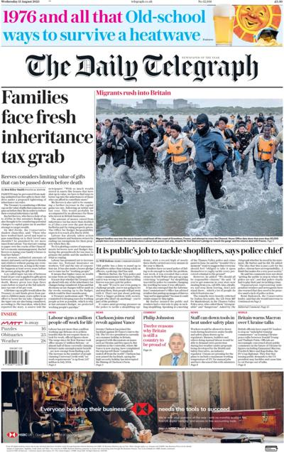 The Daily Telegraph Newspaper Front Page (UK) for 13 August 2025