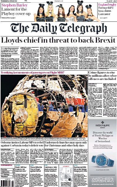 The Daily Telegraph Newspaper Front Page (UK) for 14 October 2015