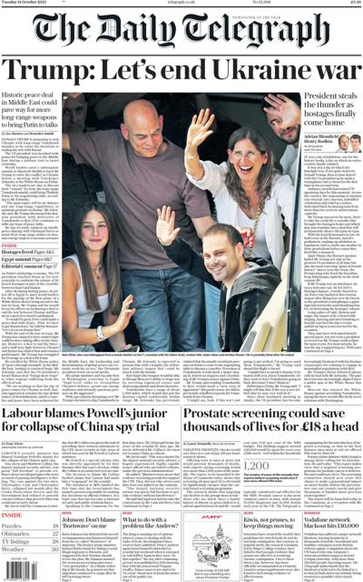 The Daily Telegraph Newspaper Front Page (UK) for 14 October 2025