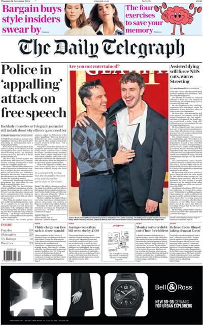 The Daily Telegraph Newspaper Front Page (UK) for 14 November 2024