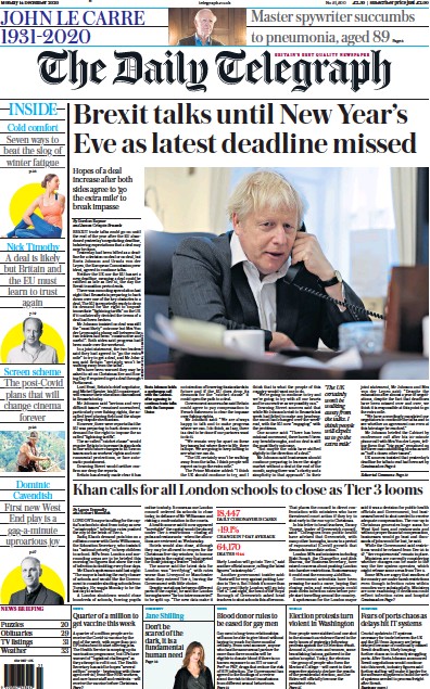 The Daily Telegraph Newspaper Front Page (UK) for 14 December 2020