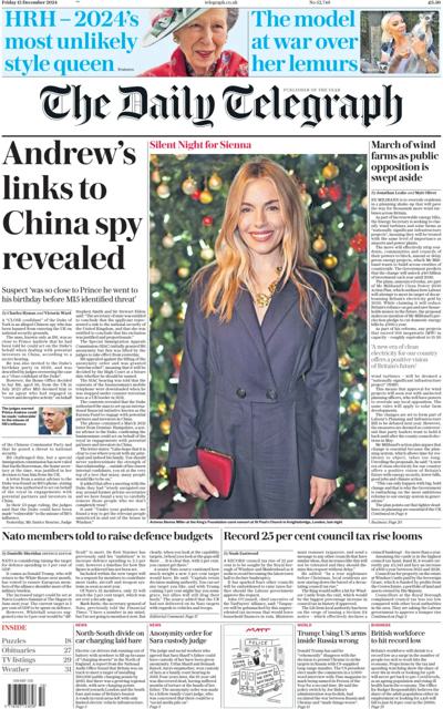 The Daily Telegraph Newspaper Front Page (UK) for 14 December 2024