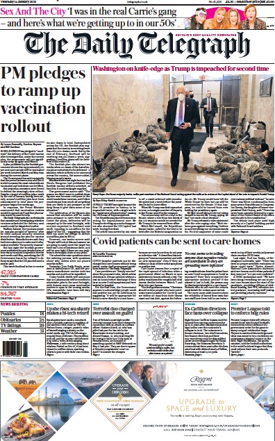 The Daily Telegraph Newspaper Front Page (UK) for 14 January 2021