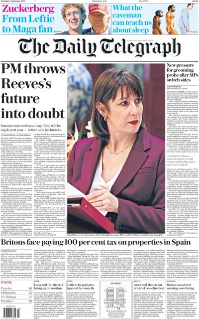 The Daily Telegraph Newspaper Front Page (UK) for 14 January 2025